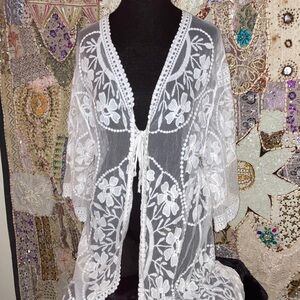 Sheer White Floral Lace Kimono Robe with Tie Front